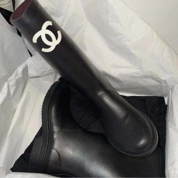 CHANEL Black Knee-High Logo Boots - Picture 3 of 4